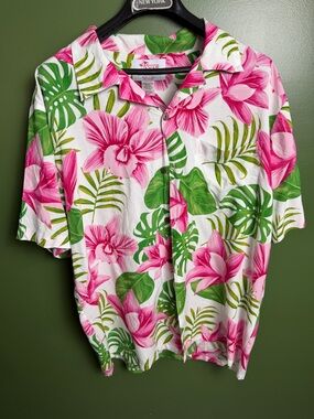 Tropical Pink & Green Floral Button-Up Shirt Hawaiian SZ M